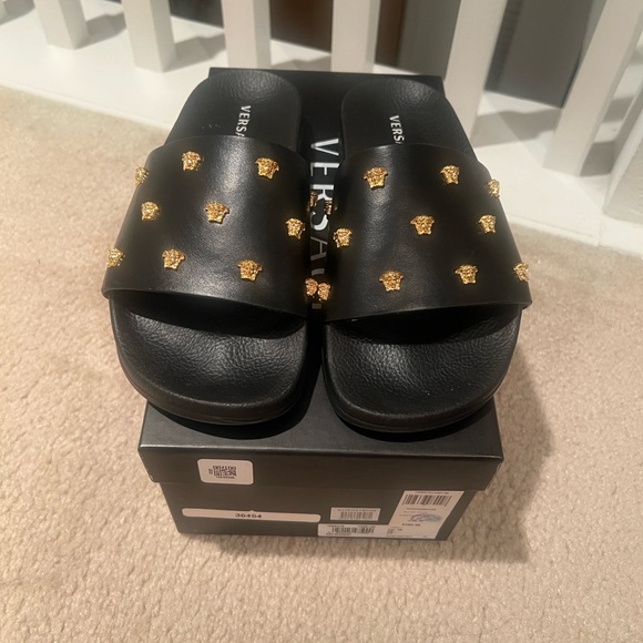 Versace Black Slides with Gold Medusa Accents - Picture 2 of 4